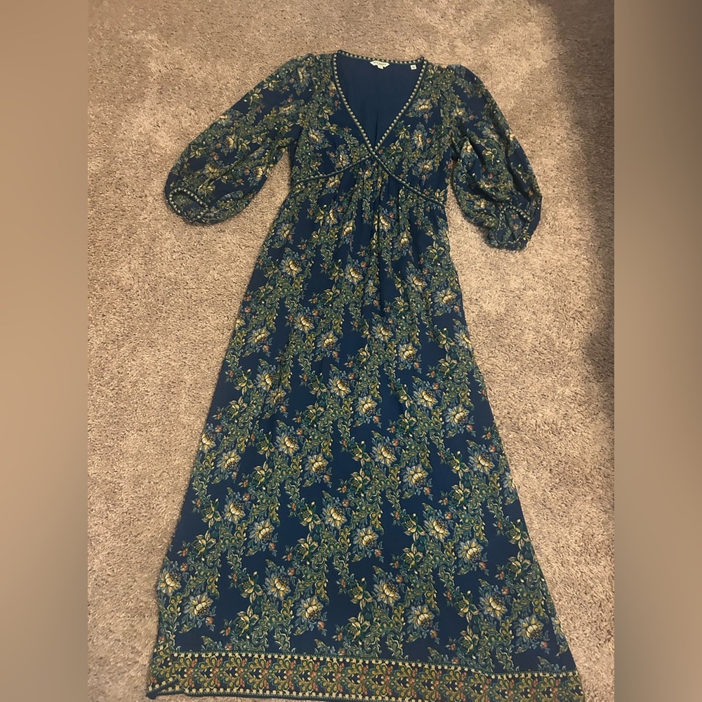 Max Studio Teal and Mustard Floral Long Sleeve Maxi Dress